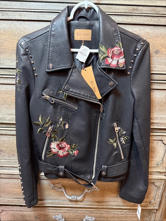 DRIFTWOOD Jackets & Blazers - DRIFTWOOD Black Embroidered Floral Moto Jacket with Studs